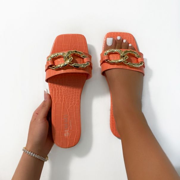 Blige Coral Faux Croc Print Chain Detail Sandals | SIMMI London