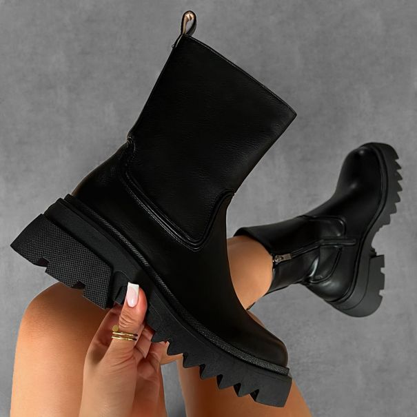 Carlton Black Chunky Flat Ankle Boots | SIMMI London