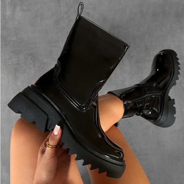 Carlton Black Patent Chunky Flat Ankle Boots | SIMMI London