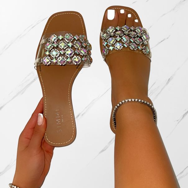 Cambria Clear Iridescent Gem Diamante Flat Sandals | SIMMI London