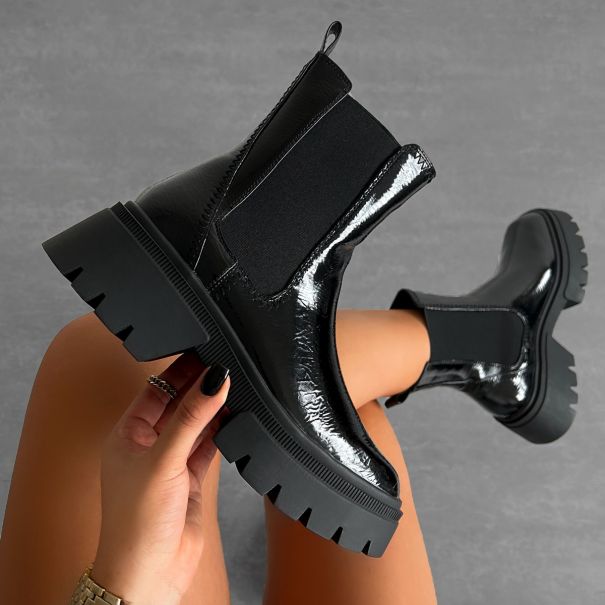 Camden Black Crinkle Patent Chunky Flat Ankle Boots | SIMMI London