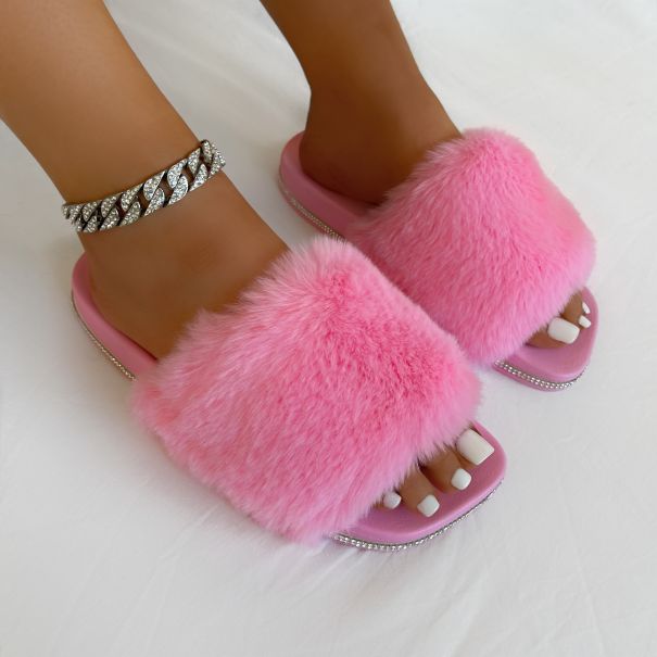 SIMMI Shoes / Candyfloss Candy Pink Fluffy Faux Fur Slippers