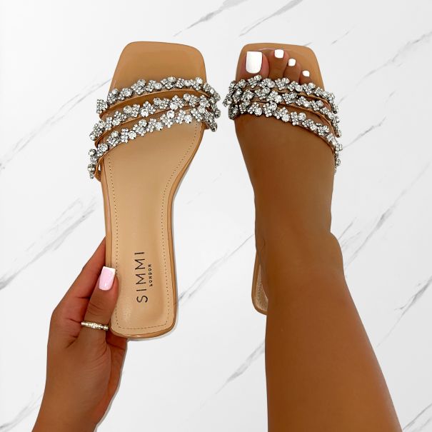 Capri Nude Diamante Flat Sandals | SIMMI London