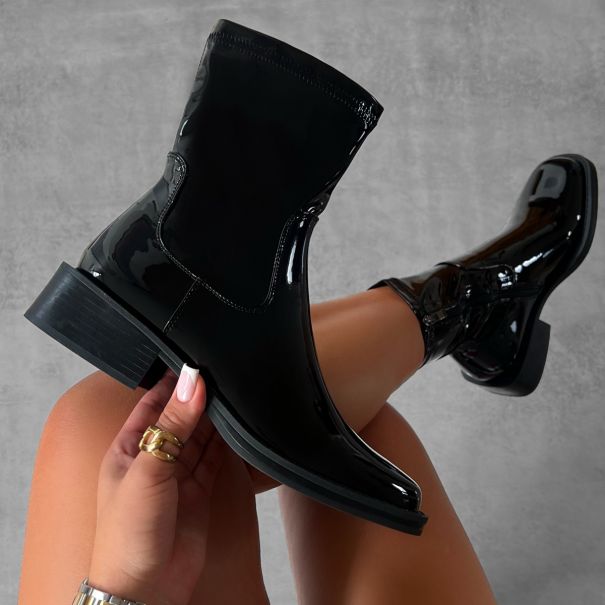 Carrington Black Patent Flat Ankle Boots | SIMMI London