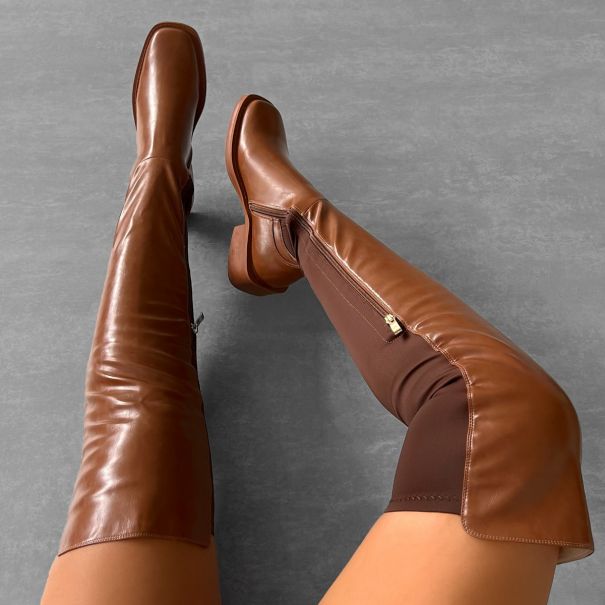 Luigi Tan Lycra Flat Thigh High Boots | SIMMI London