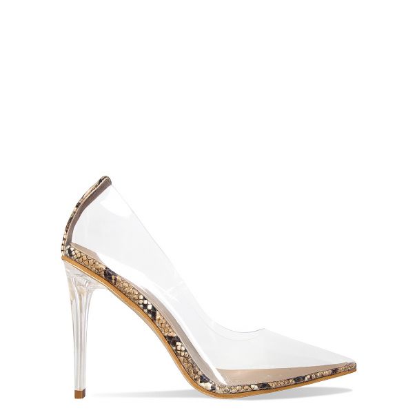 SIMMI SHOES / NEDA BEIGE SNAKE CLEAR STILETTO COURT SHOES