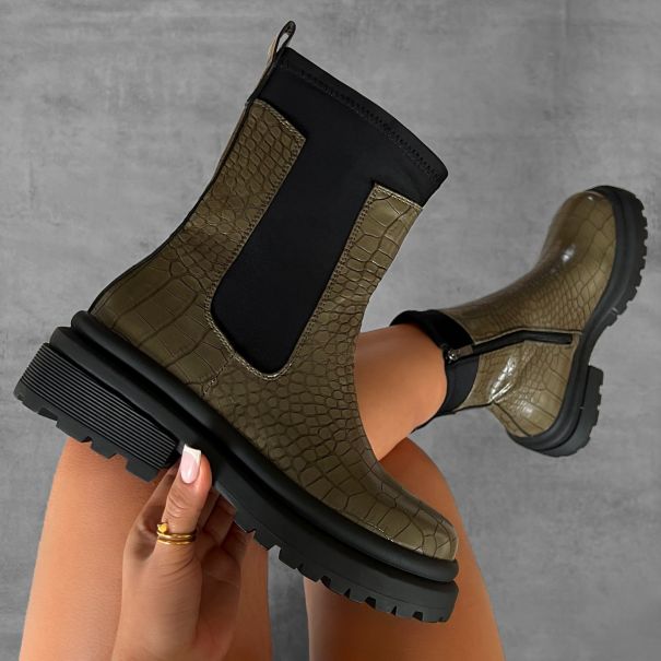 Chayenne Khaki Faux Croc Print Lycra Chunky Ankle Boots | SIMMI London