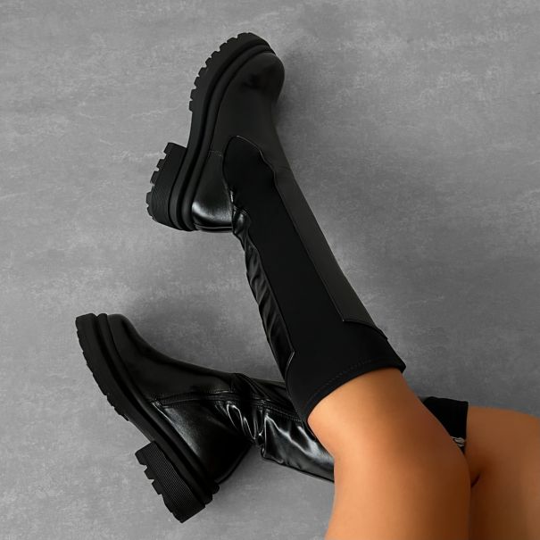 Dru Black Chunky Flat Knee High Boots | SIMMI London