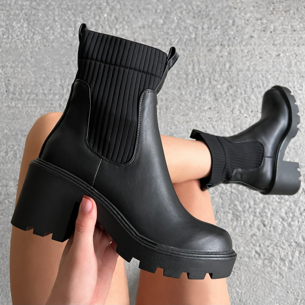 Alberta Black Knit Chunky Heeled Ankle Boots | SIMMI London