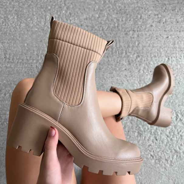 Alberta Nude Knit Chunky Heeled Ankle Boots | SIMMI London