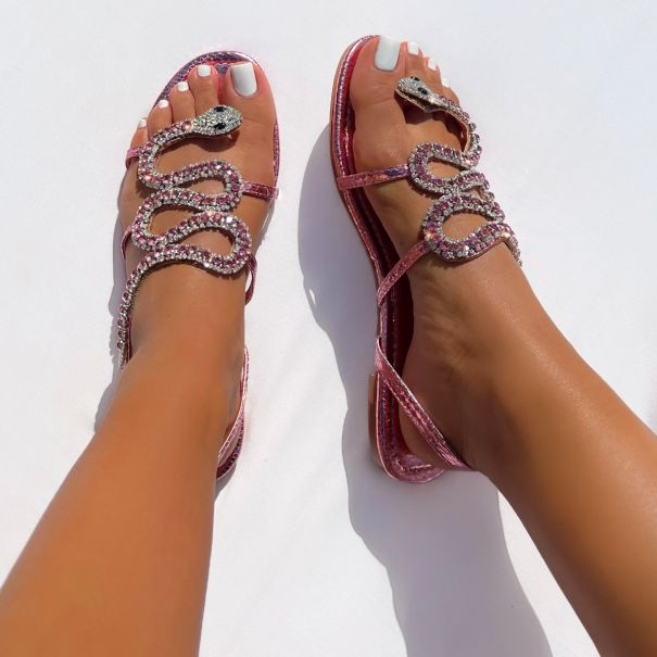 Cobra Pink Faux Snake Print Diamante Snake Flat Sandals | SIMMI London