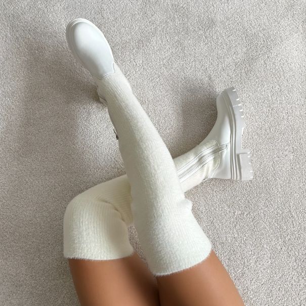 Stallone Cream Over The Knee Fluffy Sock Boots | SIMMI London