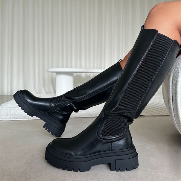 Tommo Black Flat Chunky Knee High Boots | SIMMI London