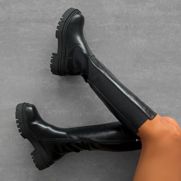 Tristan Black Flat Chunky Knee High Boots | SIMMI London