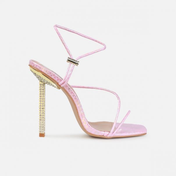 Dejii Pink Iridescent Faux Snake Diamante Heels | SIMMI London