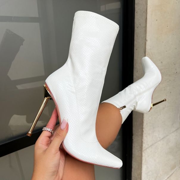 Tasha Ghouri Galileo White Faux Snake Print Ankle Boots | SIMMI London