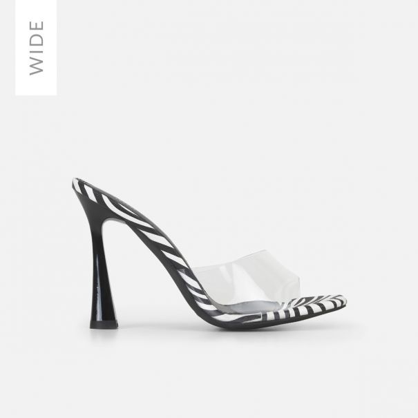 Elise Wide Clear Zebra Patent Mules | SIMMI London