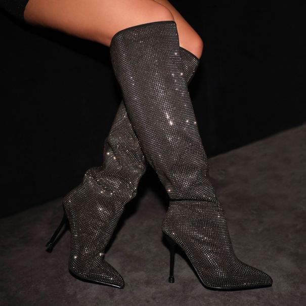 Disco Black Gem Pointed Toe Knee High Boots | SIMMI London