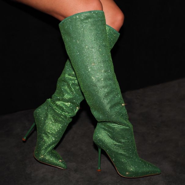 Disco Green Gem Pointed Toe Knee High Boots | SIMMI London