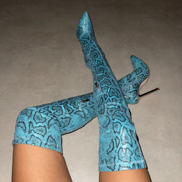 Duke Blue Faux Snake Print Pointed Toe Thigh High Boots | SIMMI London