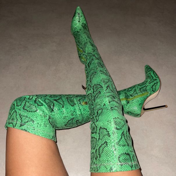 Duke Green Faux Snake Print Pointed Toe Thigh High Boots | SIMMI London