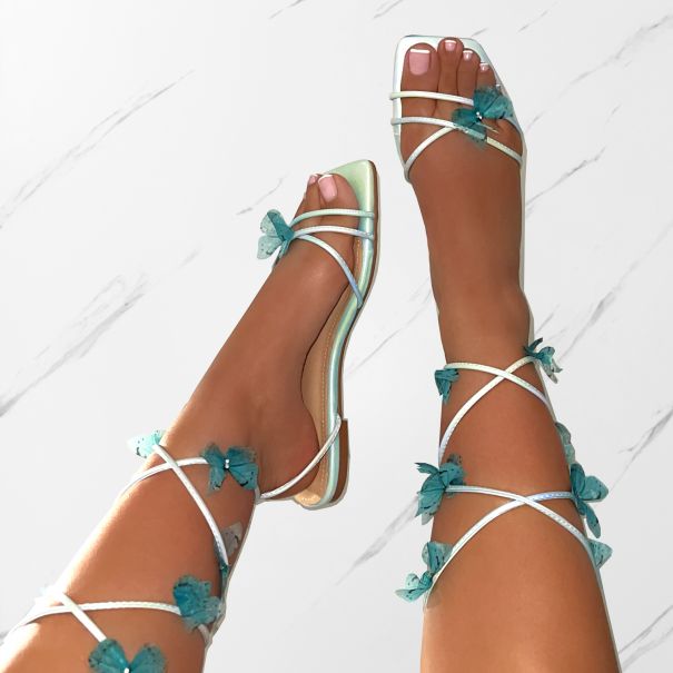 Emerald Blue Butterfly Lace Up Flat Sandals | SIMMI London 