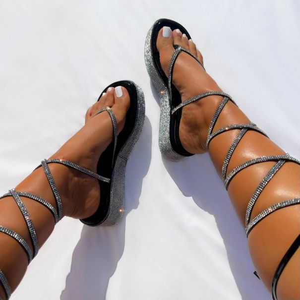 Esme Black Lace Up Flatform Sandals | SIMMI London 