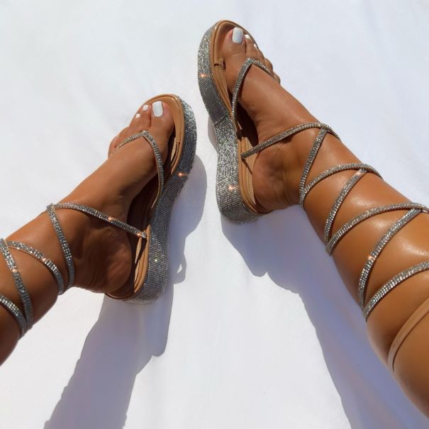 Esme Nude Lace Up Flatform Sandals | SIMMI London