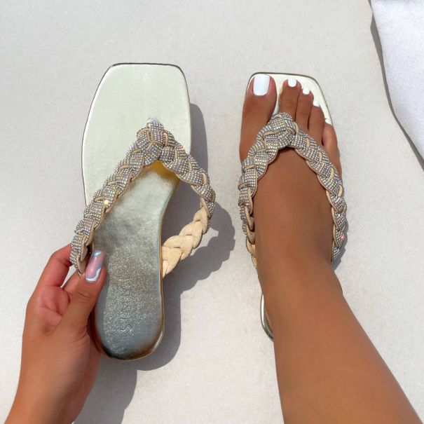 Etta Light Gold Plait Toe Post Flat Sandals | SIMMI London