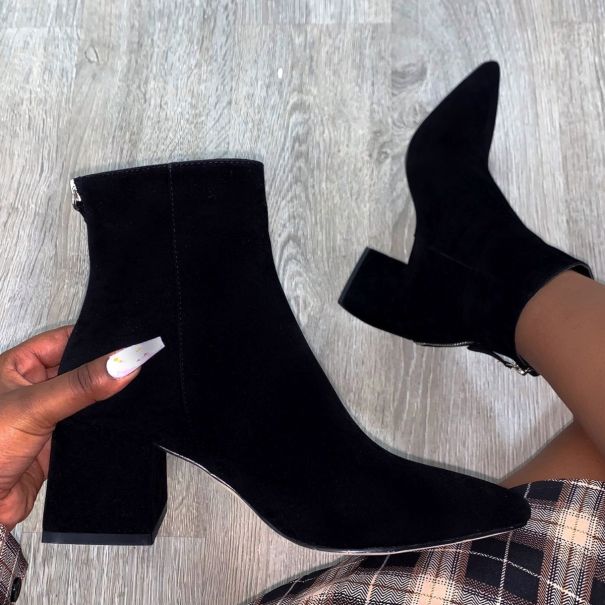 Fabian Black Suede Pointed Toe Block Heel Ankle Boots