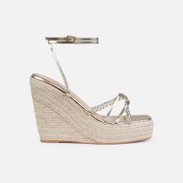 Olive Gold Braided Strappy Espadrille Wedges | SIMMI London