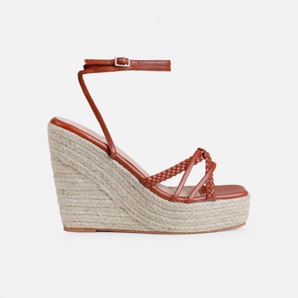 Olive Tan Braided Strappy Espadrille Wedges | SIMMI London
