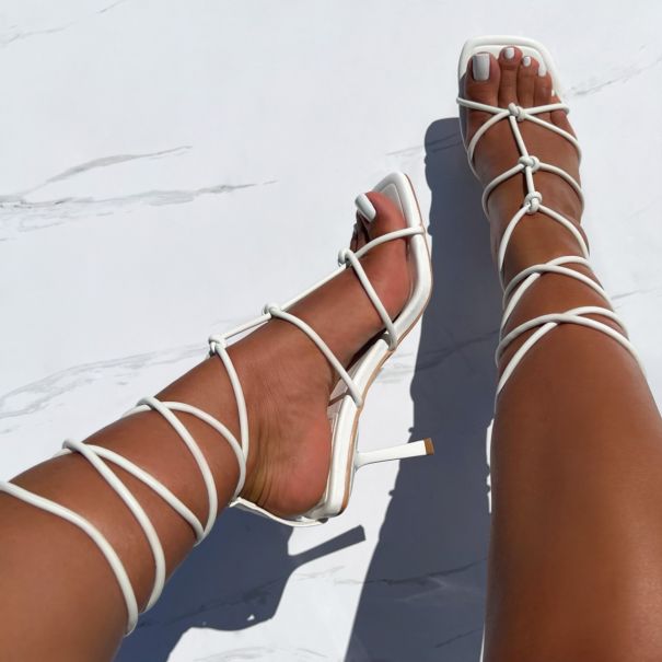 Lucinda White Strappy Lace Up Mid Heels | SIMMI London