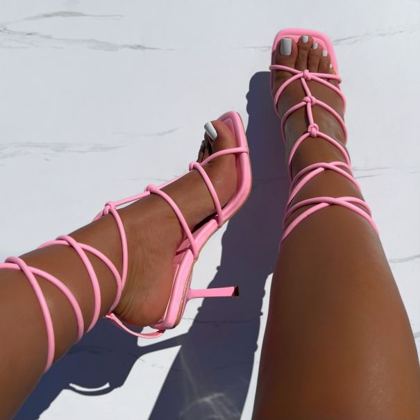 Lucinda Pink Strappy Lace Up Mid Heels | SIMMI London