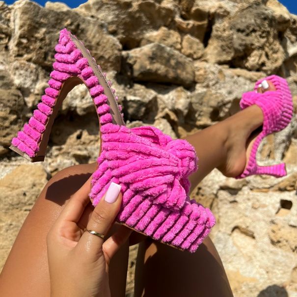 Tasha Ghouri Cedar Pink Towelling Knot Platform Mules | SIMMI London