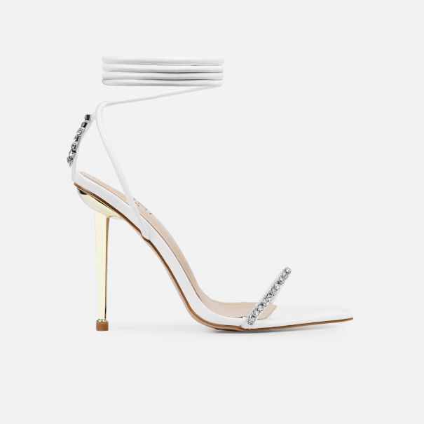 Felicity White Patent Diamante Lace Up High Heels | SIMMI London
