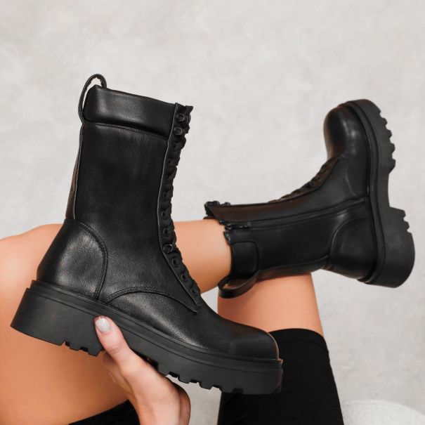 Storm Black Lace Up Chunky Ankle Boots | SIMMI London