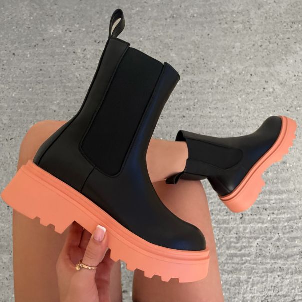 Joshua Black And Pink Stretch Insert Chunky Ankle Boots | SIMMI London