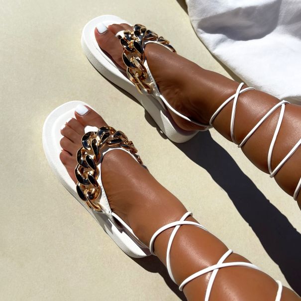Fiasco White Chain Toe Thong Lace Up Flatform Sandals | SIMMI London