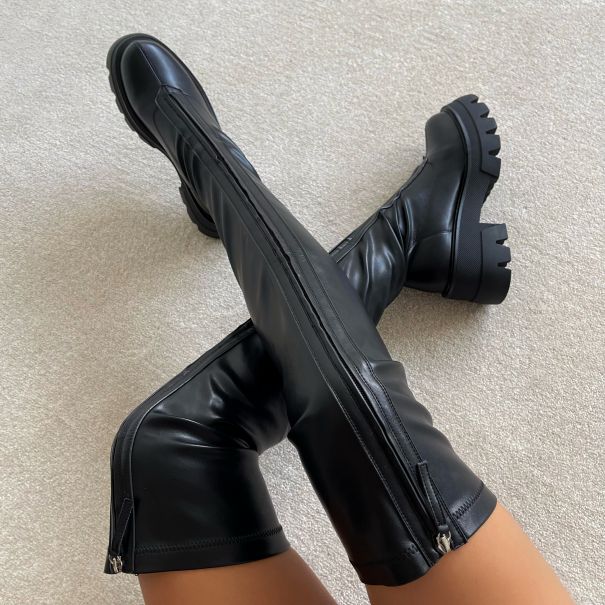 Flex Black Zip Chunky Thigh High Boots | SIMMI London