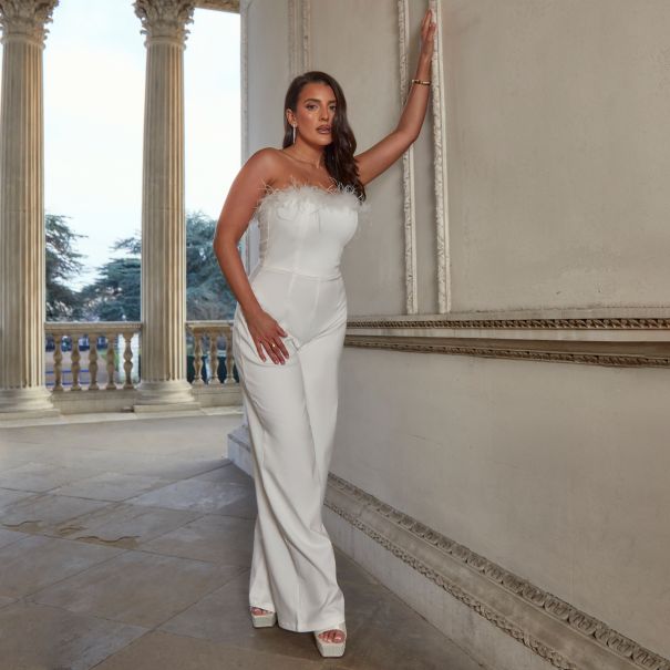 Dionne Crowe Forever Love White Fluffy Wide Leg Jumpsuit | SIMMI London
