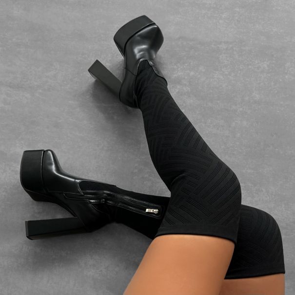 Eason Black Knit Platform Block Thigh High Boots | SIMMI London