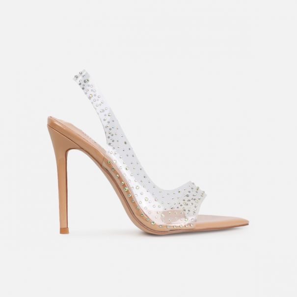 Frankii Nude Clear Diamante Stiletto Slingback Heels | SIMMI London