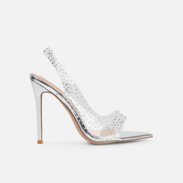 Frankii Silver Clear Diamante Stiletto Slingback Heels | SIMMI London