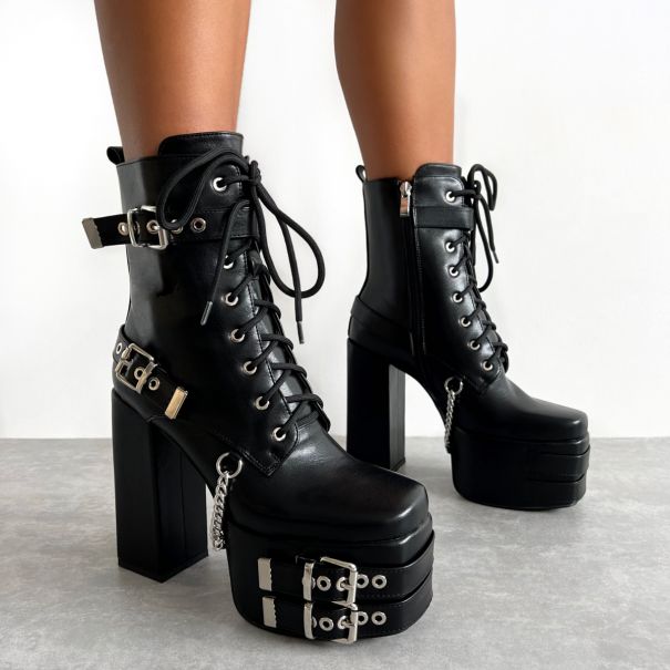 Frida Black Buckle Platform Block Heel Ankle Boots | SIMMI London