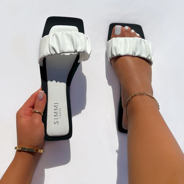 Gaiia White Ruched Mule Flat Sandals | SIMMI London