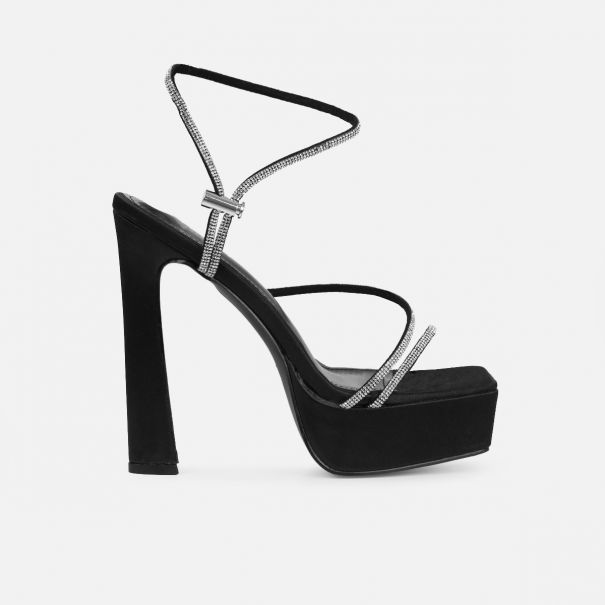 Gaiah Black Satin Diamante Toggle Platform Heels | SIMMI London