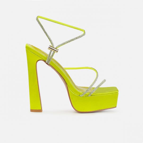 Gaiah Lime Satin Diamante Toggle Platform Heels | SIMMI London
