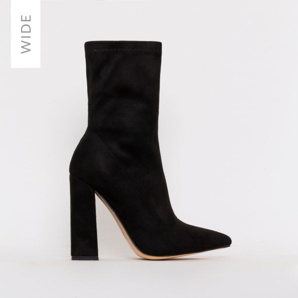 Gwen Wide Fit Black Suede Block Heel Ankle Boots