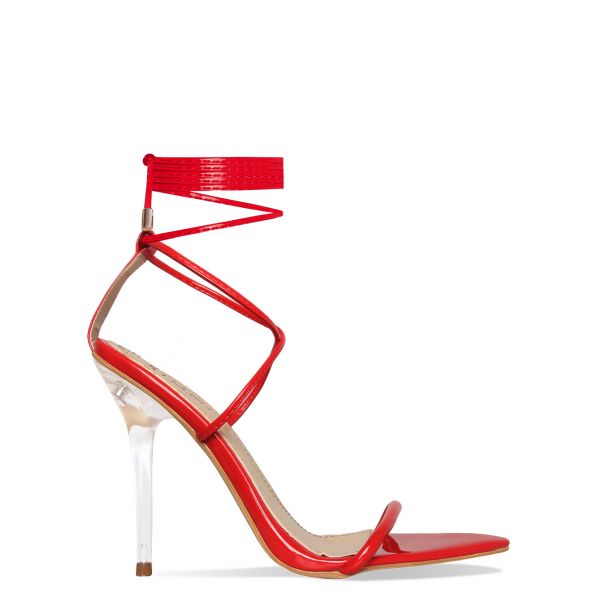 Gizel Red Patent Pointed Lace Up Clear Heels